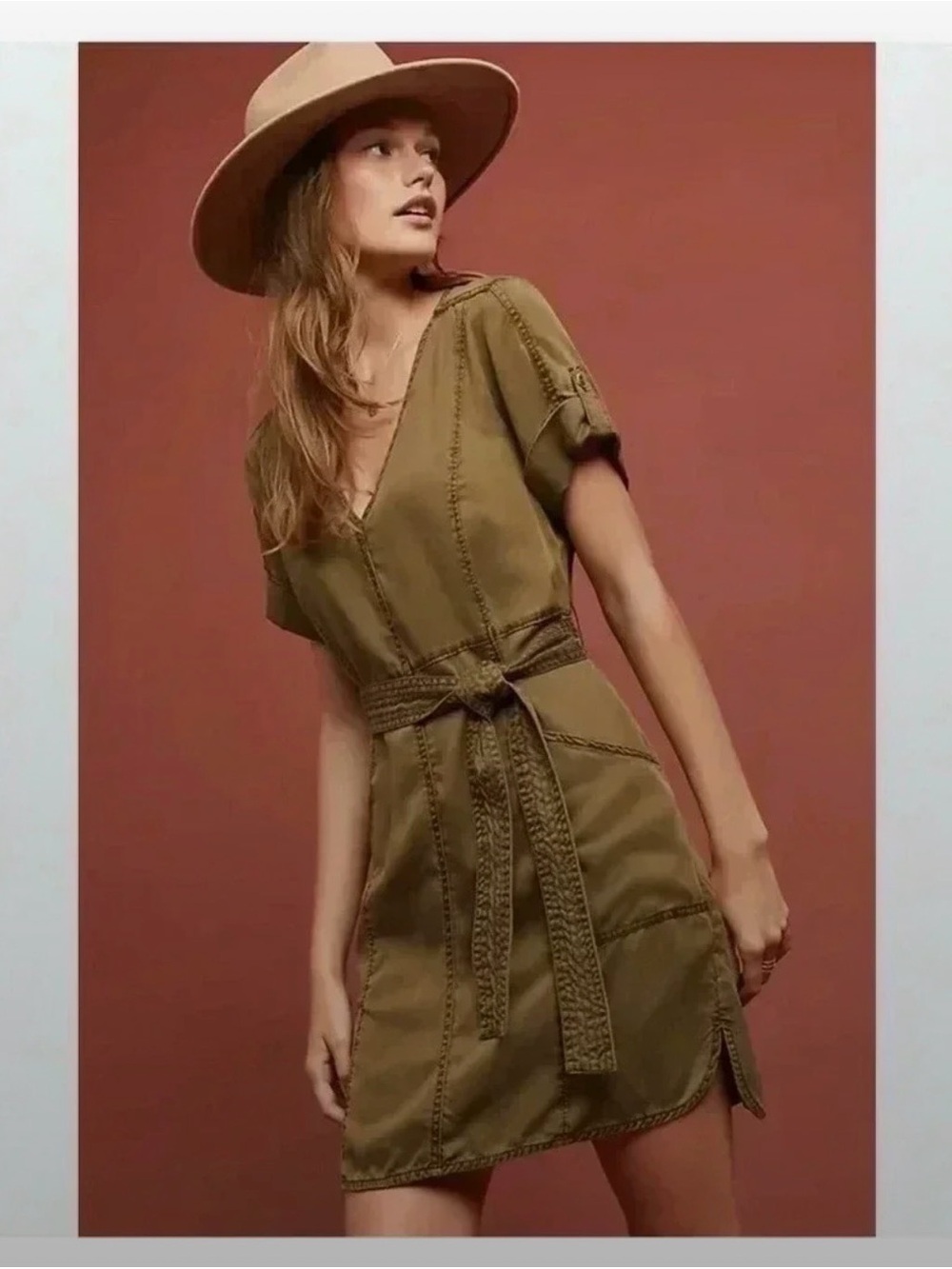 Pilcro and the Letterpress Olive V-Neck Short Dress with Braided Belt